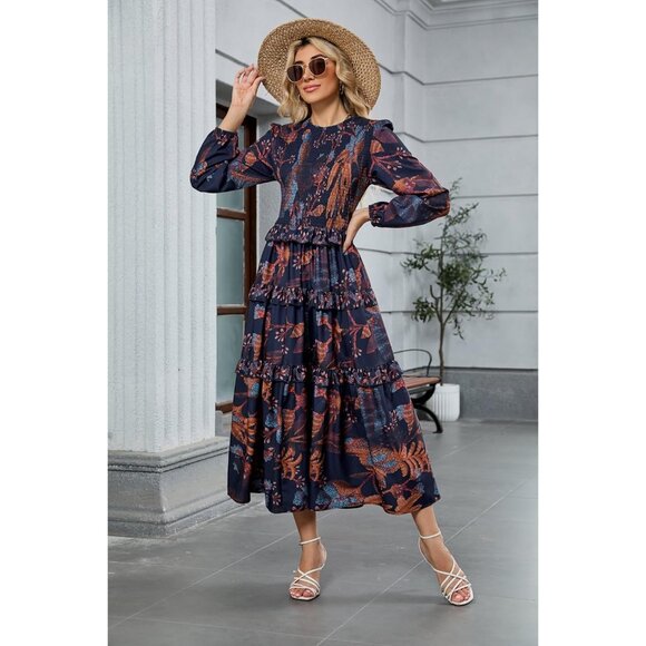 Navy Fall Floral Smocked Dress with Puff Sleeves - Perfect for Any Occasion - Picture 5 of 6